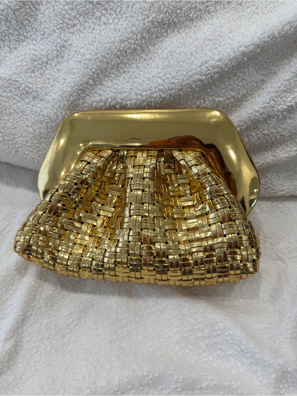 Rare Exclusive Brand Themoire Woven Metallic Gold Evening Clutch